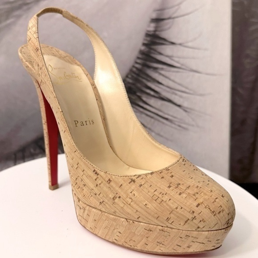 🌺 CHRISTIAN LOUBOUTIN 👠 Bianca Slingback 140mm Cork Platform Pump size 38.5 - Picture 4 of 16